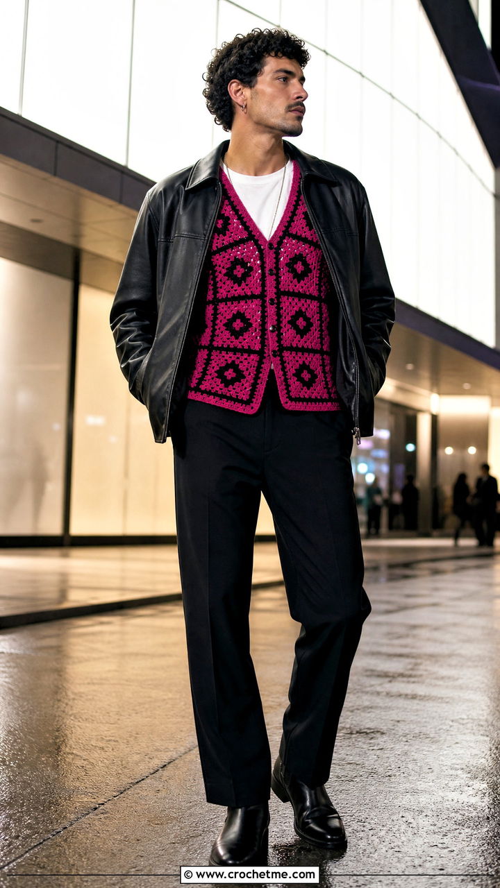 Mosaic Crochet Vest With Leather Jacket And Black Pants - 35 crochet vest for men outfit ideas