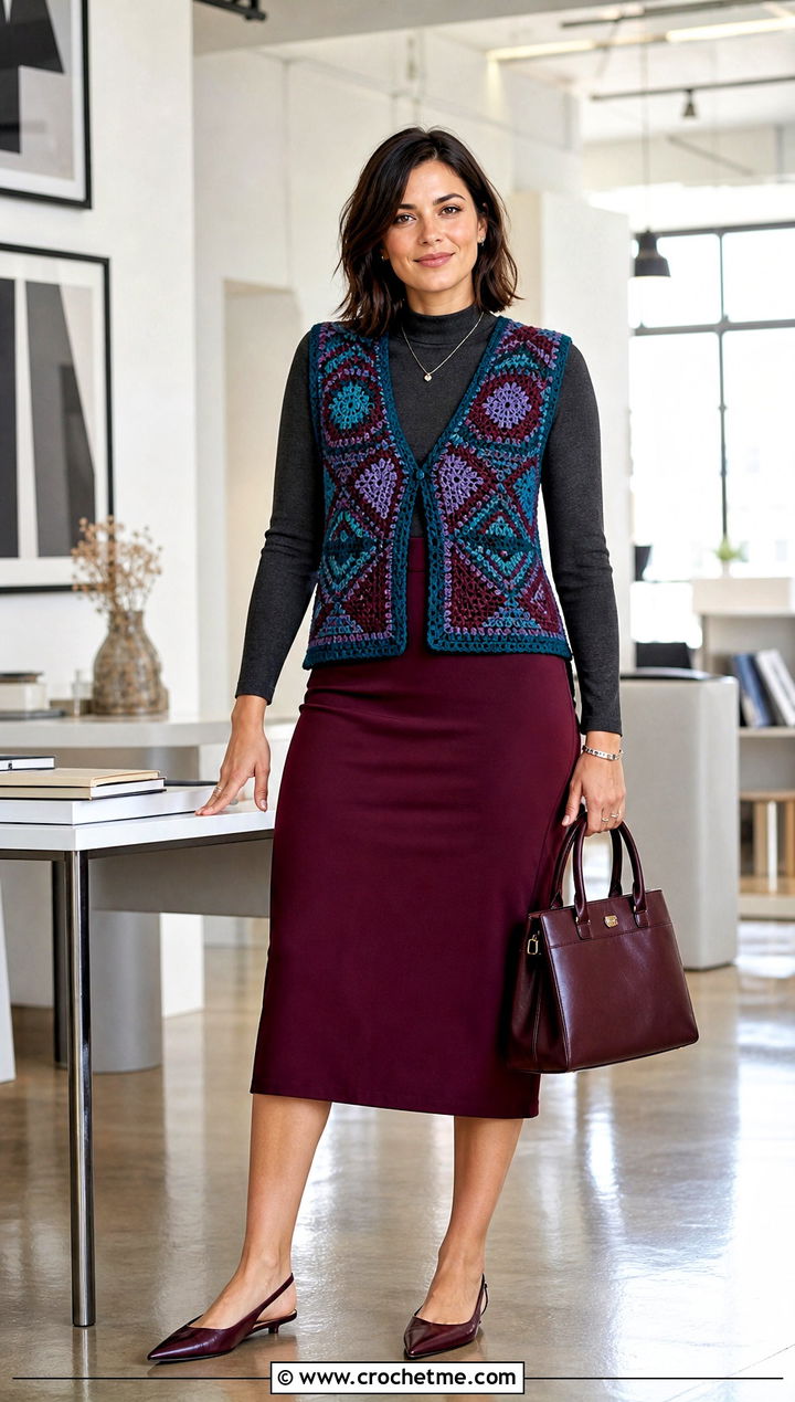 Mosaic Crochet Vest With Pencil Skirt - 25 Easy Crochet Vest For Beginners outfit ideas
