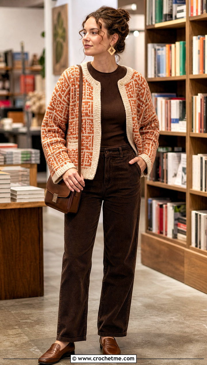 Mosaic Crochet Winter Cardigan With Corduroy Pants - 25 crochet winter cardigan outfit ideas