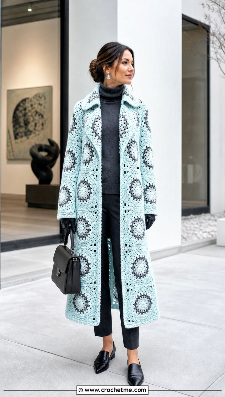 Mosaic Crochet Winter Coat With Monochrome Separates - 20 Crochet Winter Coat outfit ideas