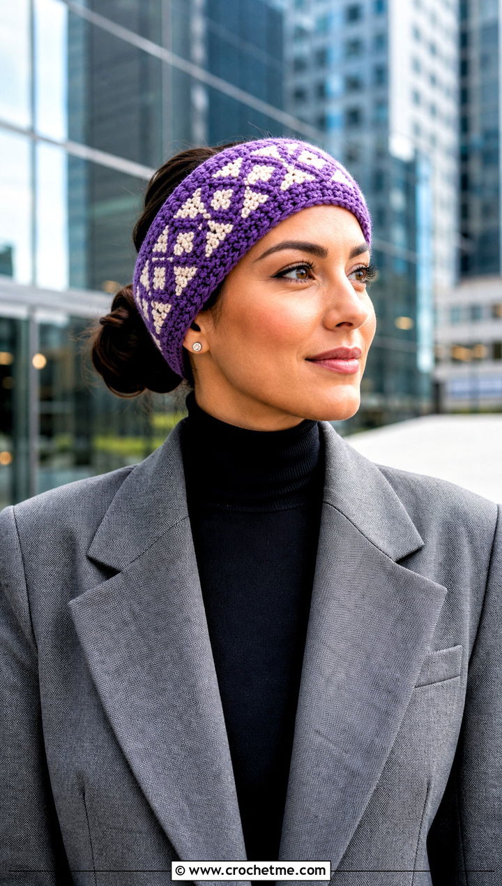 Mosaic Crochet Winter Headband With Tailored Blazer - 15 crochet winter head band outfit ideas