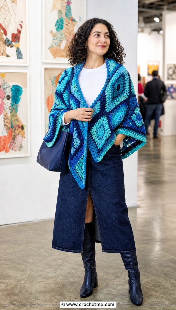 Mosaic Crochet Wrap Shawl With Denim Skirt - 35 crochet wrap shawl outfit ideas