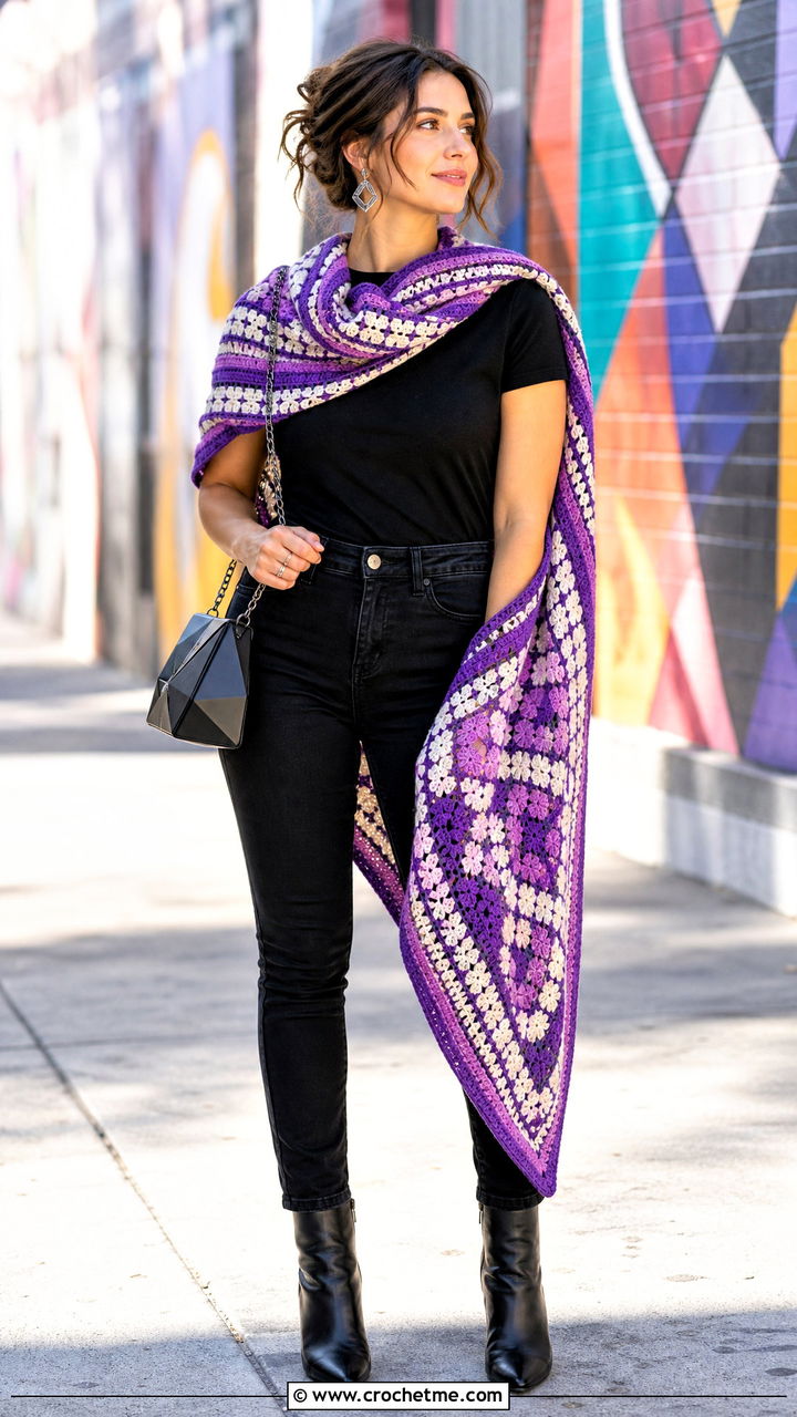 Mosaic Crochet Wrap With Black Denim - 35 Crocheted Shawls And Wraps outfit ideas