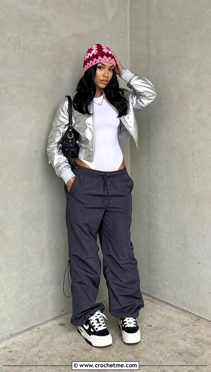 Mosaic Crocheted Beanie With Bomber Jacket And Parachute Pants - 35 crocheted beanie outfit ideas