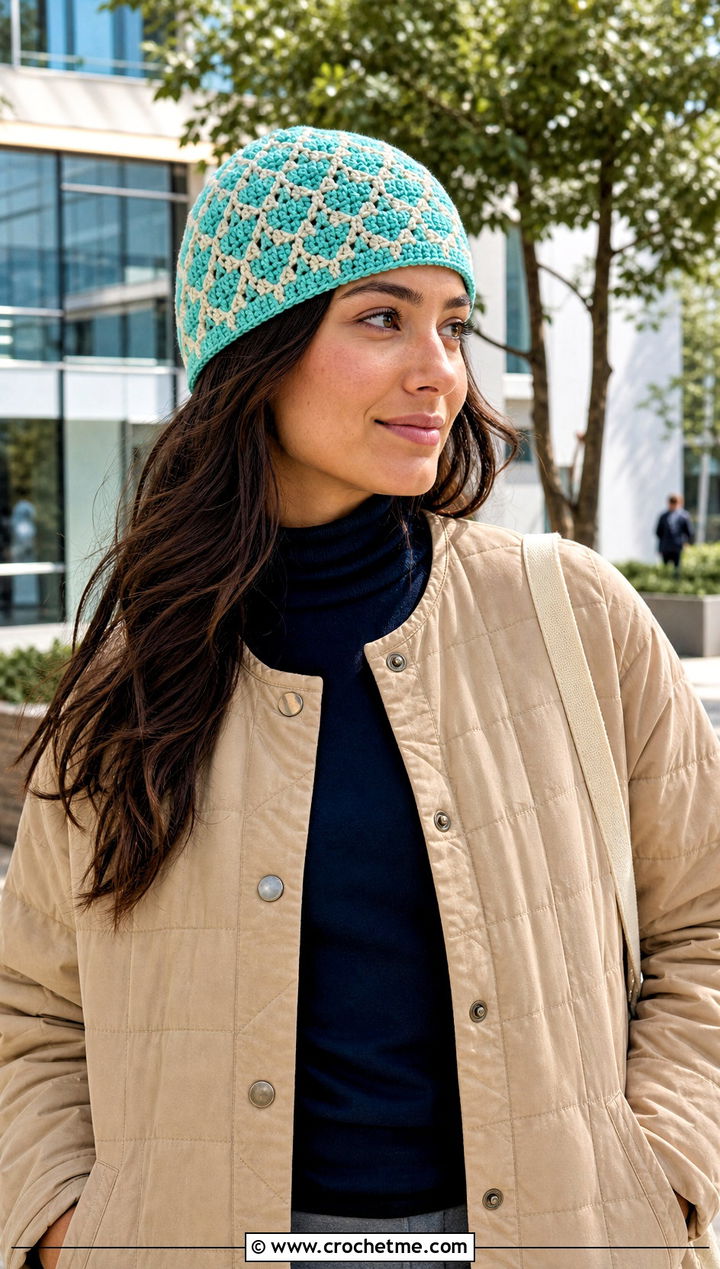 Mosaic Crocheted Stocking Cap With Quilted Jacket - 15 Crocheted Stocking Cap outfit ideas