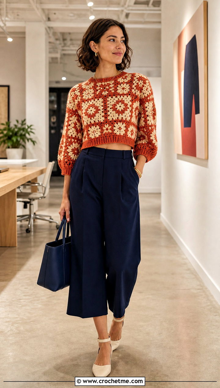 Mosaic Cropped Crochet Sweater With Culottes - 35 cropped crochet sweater outfit ideas