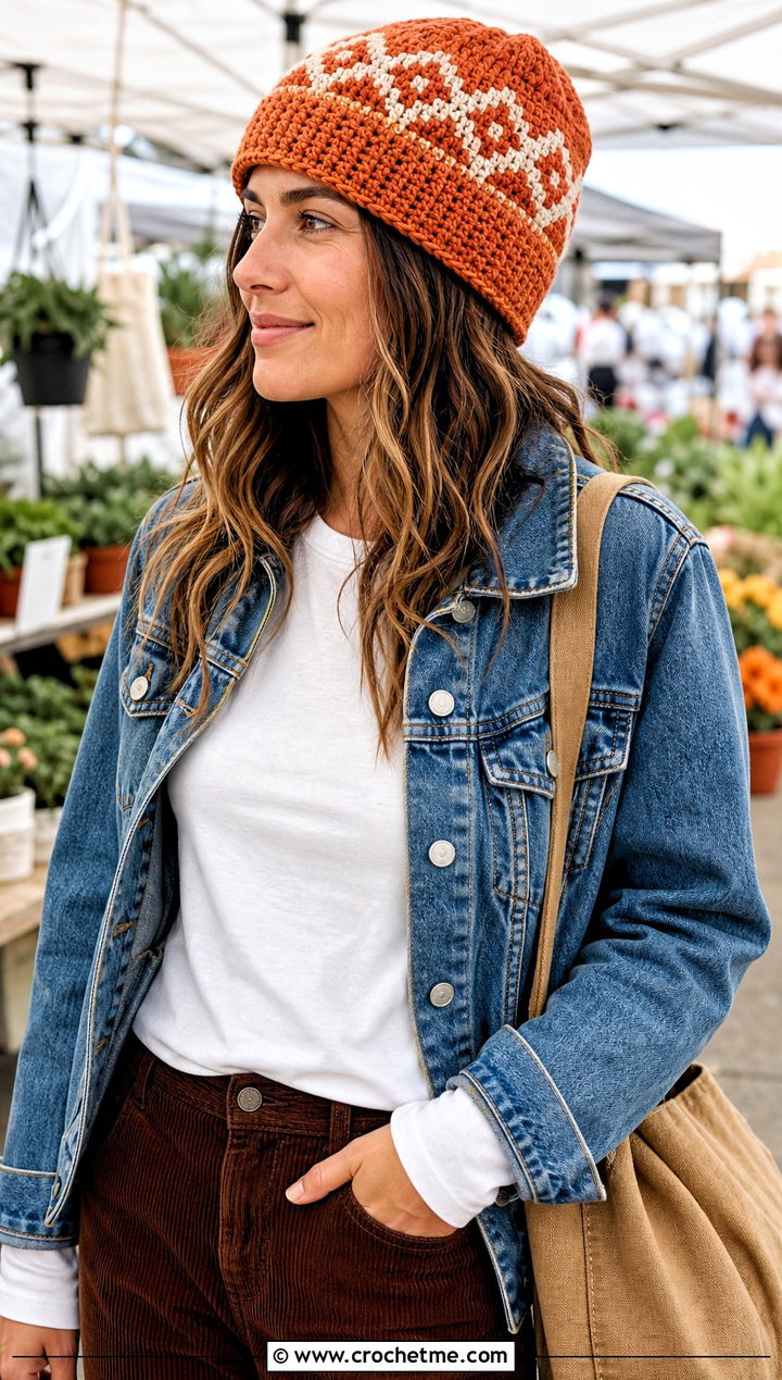 Mosaic Cuffed Crochet Beanie With Denim Jacket And Corduroy Pants - 15 Cuffed Crochet Beanie outfit ideas