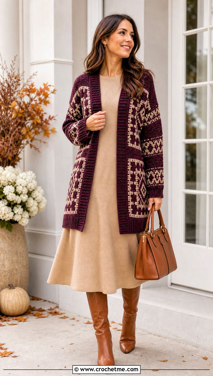 Mosaic DK Crochet Cardigan With A Line Dress - 20 Dk Crochet Cardigan outfit ideas