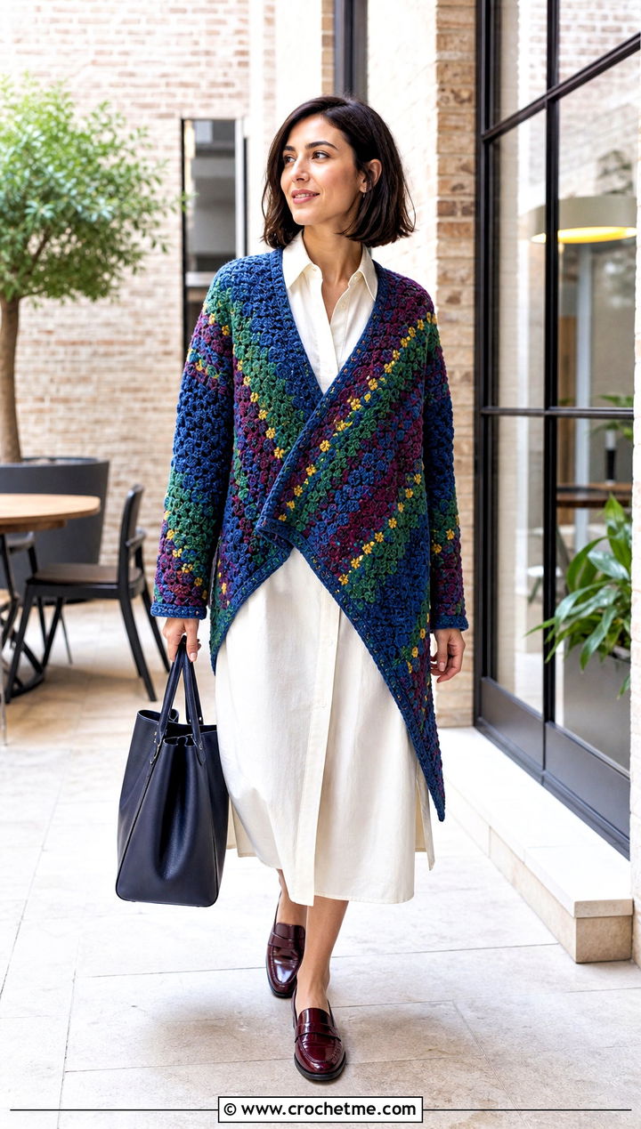 Mosaic Diagonal Crochet Cardigan With Shirt Dress - 30 crochet asymmetrical cardigan outfit ideas