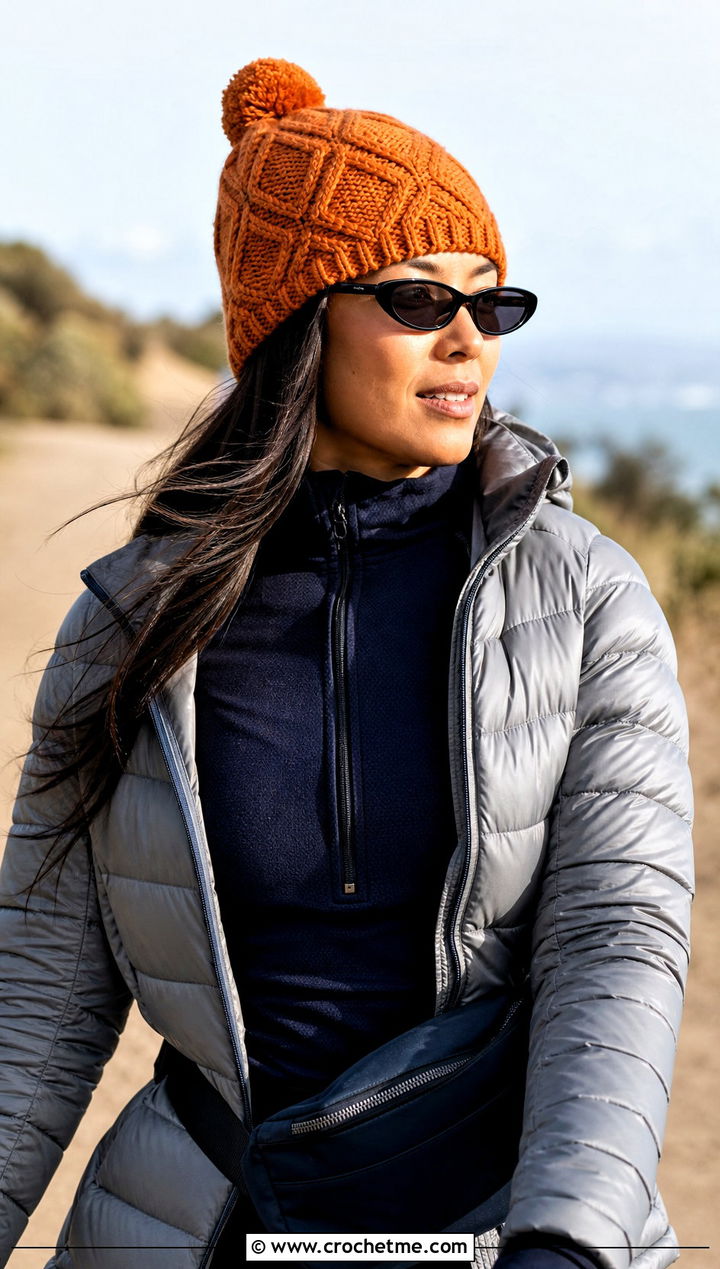 Mosaic Diamond Crochet Beanie With Puffer Jacket - 15 Diamond Crochet Hat outfit ideas