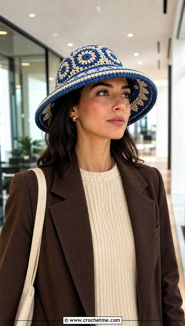 Mosaic Double Brim Crochet Hat With Tailored Trousers - 20 Double Brim Crochet Hat outfit ideas