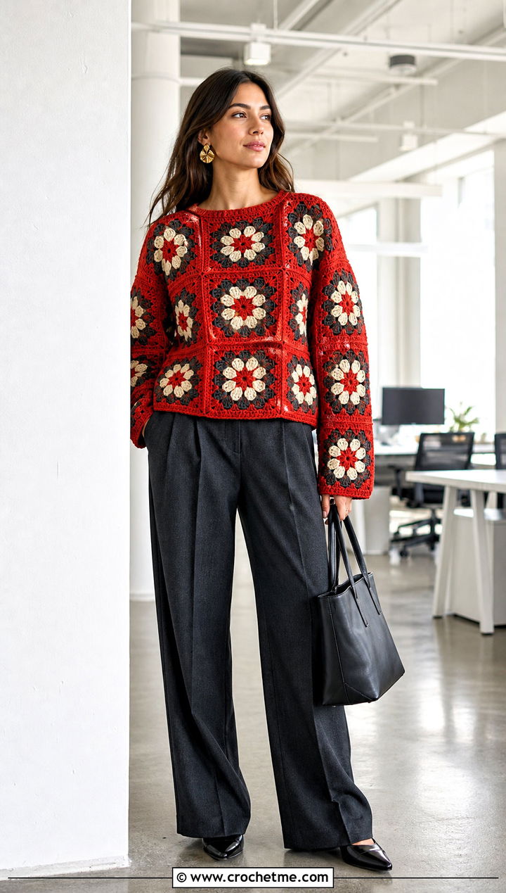 Mosaic Flower Crochet Sweater With Suit Trousers - 35 crochet sweater with flowers outfit ideas