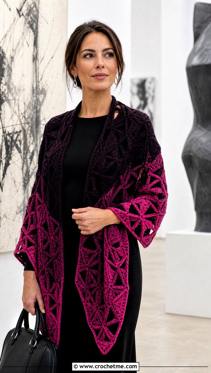 Mosaic Gradient Shawl With Minimal Black Outfit - 15 Crochet Gradient Shawl outfit ideas