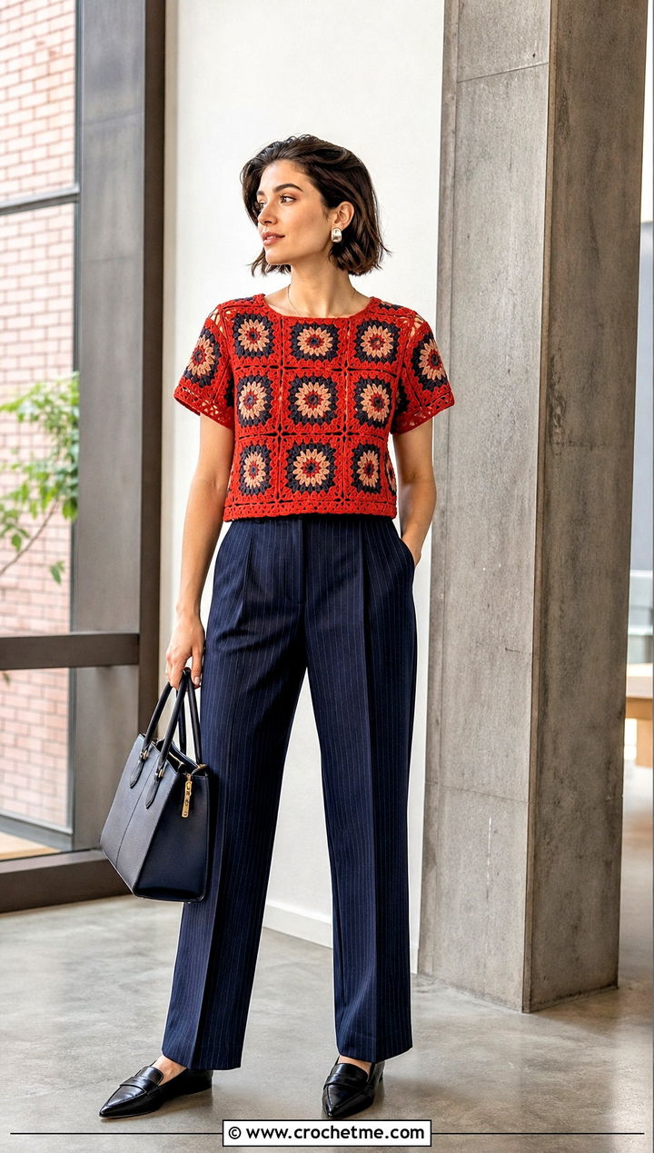Mosaic Granny Square Blouse With Pinstripe Pants - 35 Granny Square Blouse outfit ideas