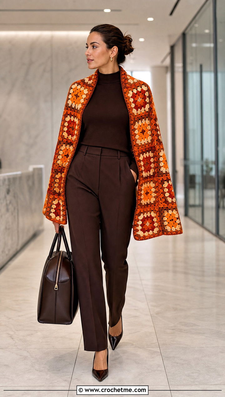 Mosaic Granny Square Cape Wrap With Monochrome Workwear - 30 granny square wrap outfit ideas
