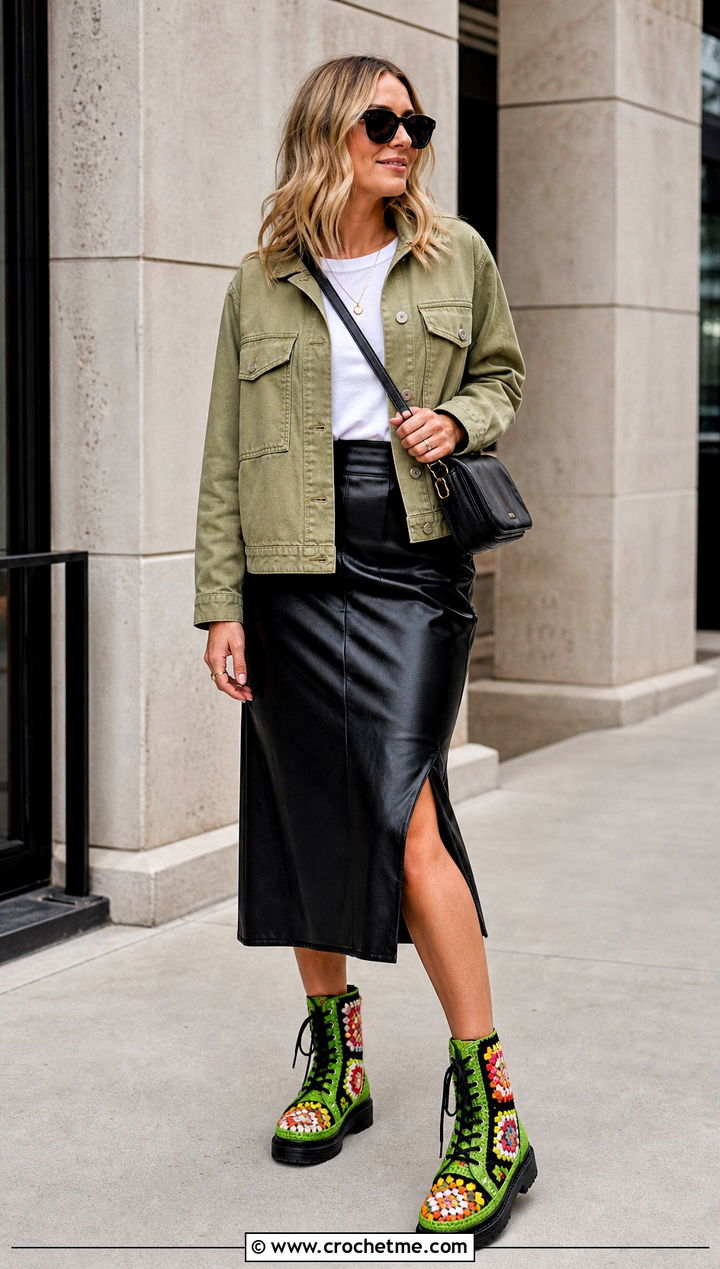 Mosaic Granny Square Combat Boots With A Leather Skirt - 25 granny square boots outfit ideas