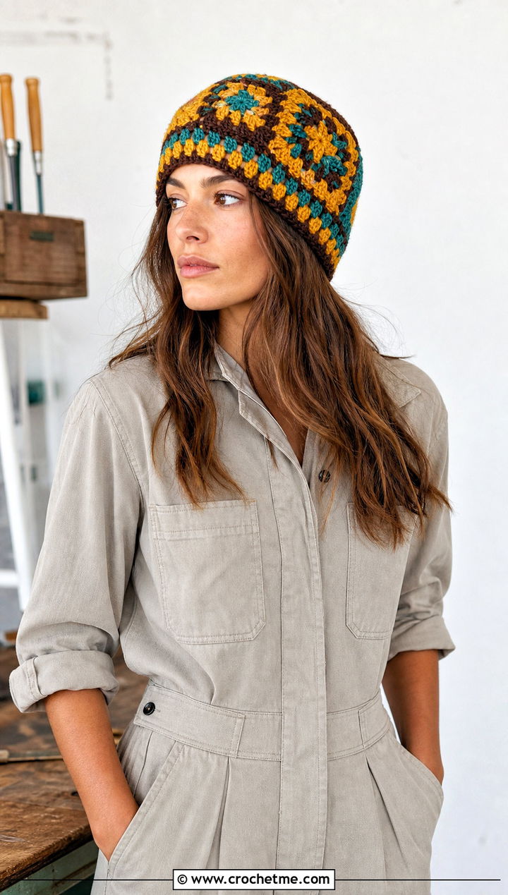 Mosaic Granny Square Crochet Beanie With Utility Jumpsuit And Sneakers - 30 granny square crochet beanie outfit ideas