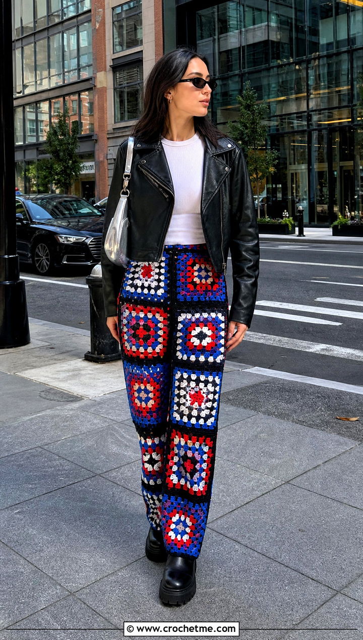 Mosaic Granny Square Crochet Pants With Leather Jacket - 25 Granny Square Crochet Pants outfit ideas