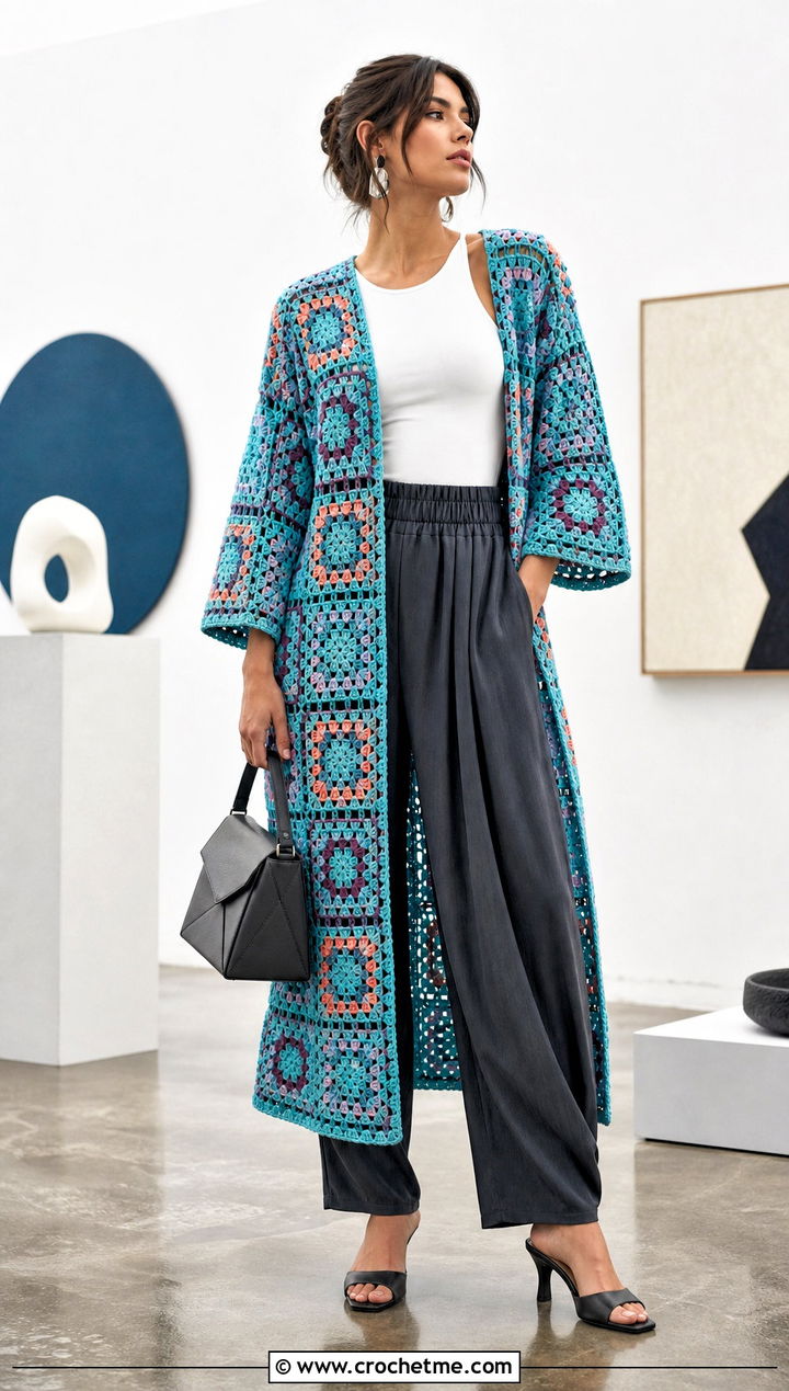 Mosaic Granny Square Duster With Pleated Pants - 35 granny square duster outfit ideas