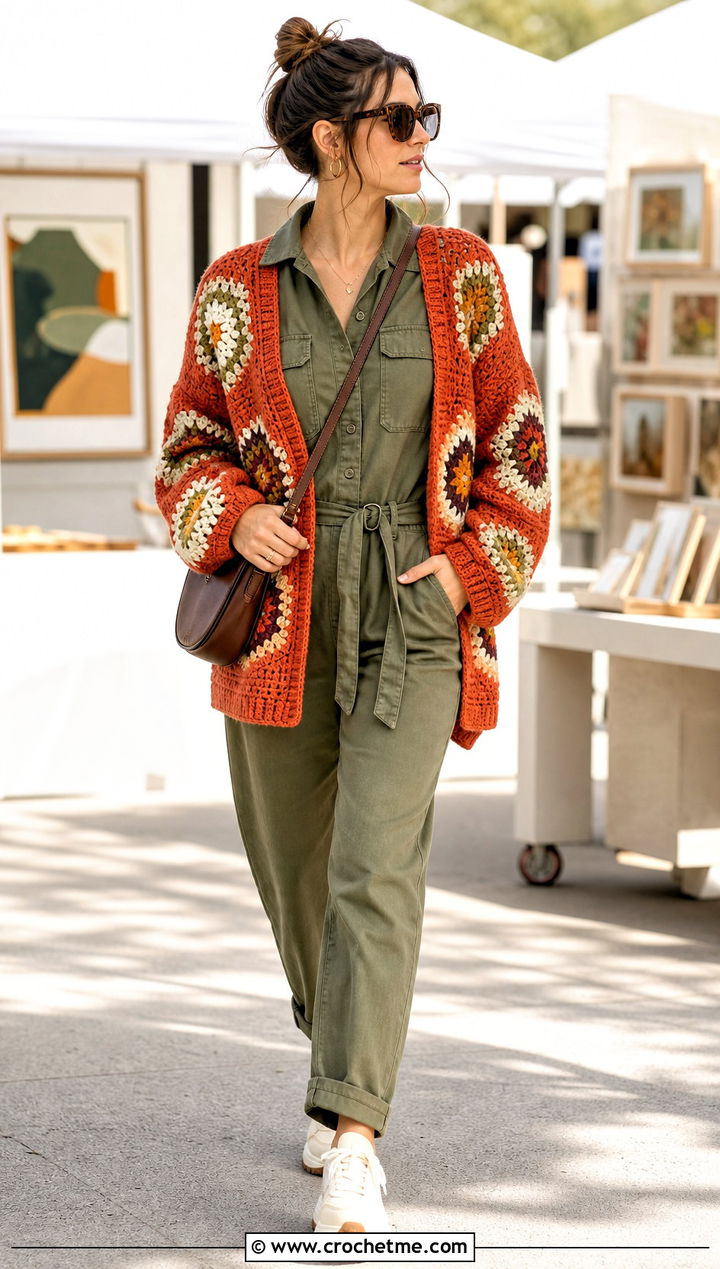 Mosaic Granny Square Hexagon Crochet Cardigan With Utility Jumpsuit - 20 Hexagon Crochet Cardigan With Granny Squares outfit ideas