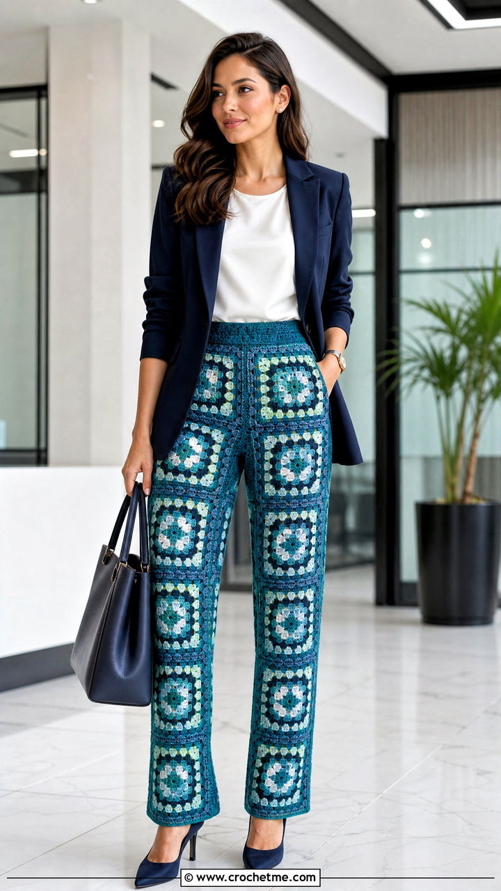 Mosaic Granny Square High Waist Pants With Blazer And Pumps - 35 crochet granny square pants outfit ideas