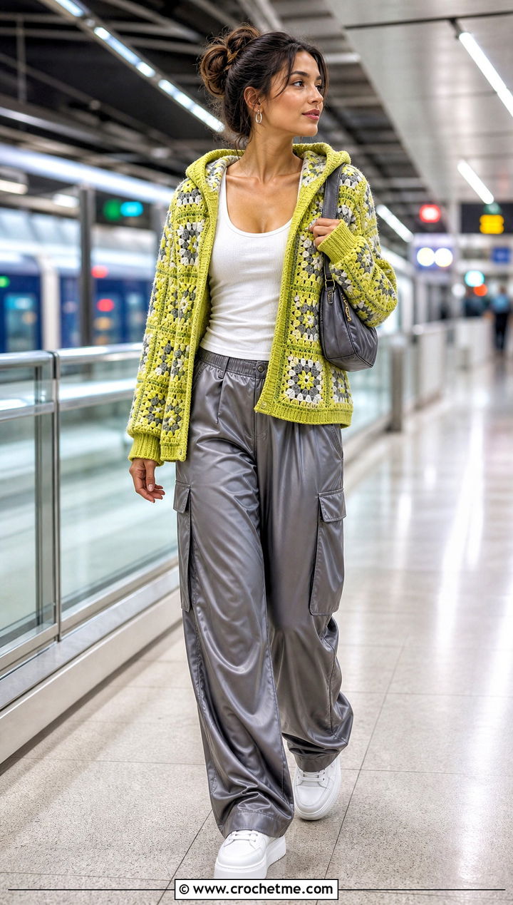 Mosaic Granny Square Hooded Cardigan With Satin Cargo Pants - 25 Granny Square Hooded Cardigan outfit ideas