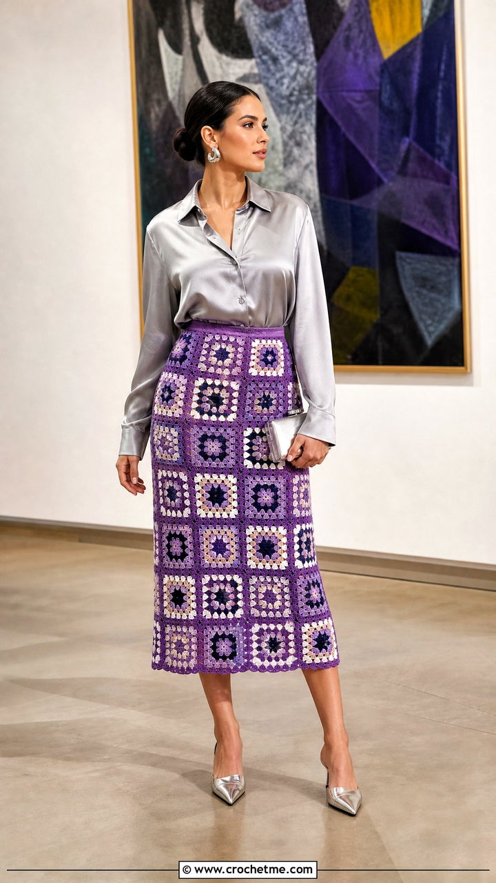 Mosaic Granny Square Midi Skirt With Satin Blouse - 35 crochet granny skirt outfit ideas