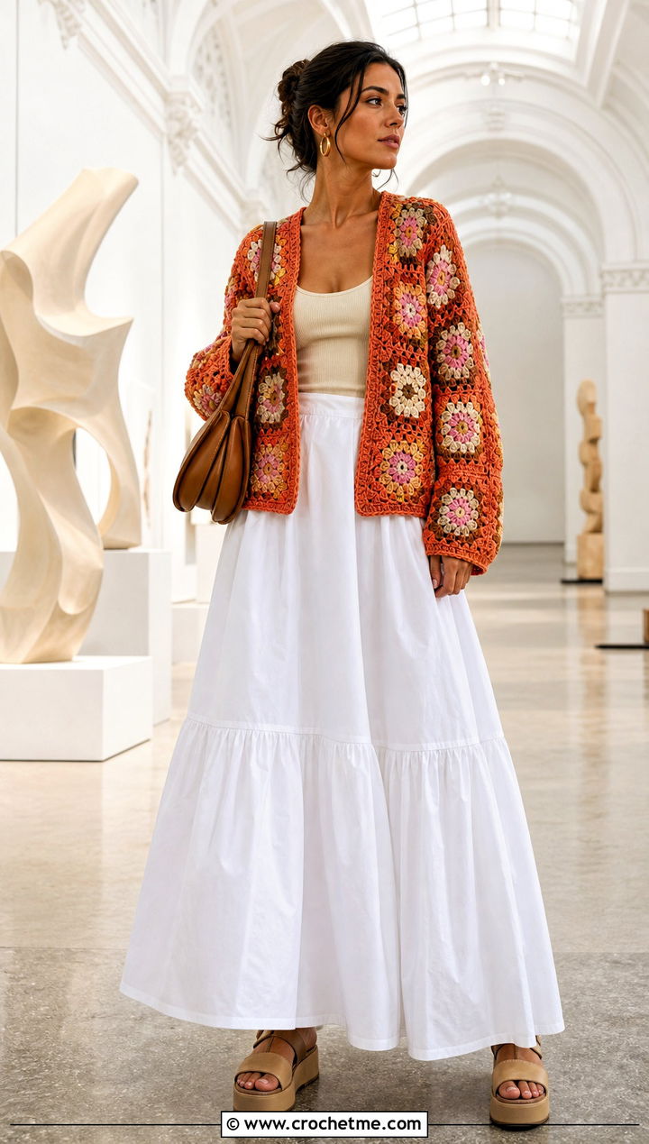 Mosaic Granny Square Patchwork Cardigan With Poplin Maxi Skirt - 30 Granny Square Patchwork Cardigan outfit ideas