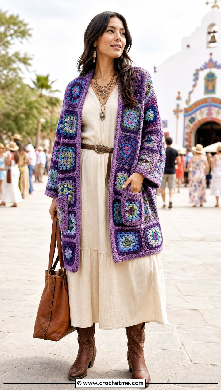 Mosaic Granny Square Pocket Shawl With Maxi Dress - 20 Granny Square Pocket Shawl outfit ideas