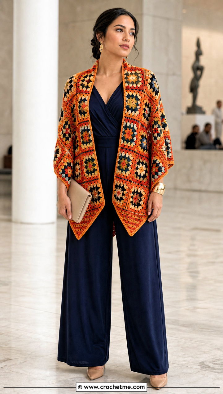 Mosaic Granny Square Shawl With Wide Leg Jumpsuit - 35 granny square shawl outfit ideas