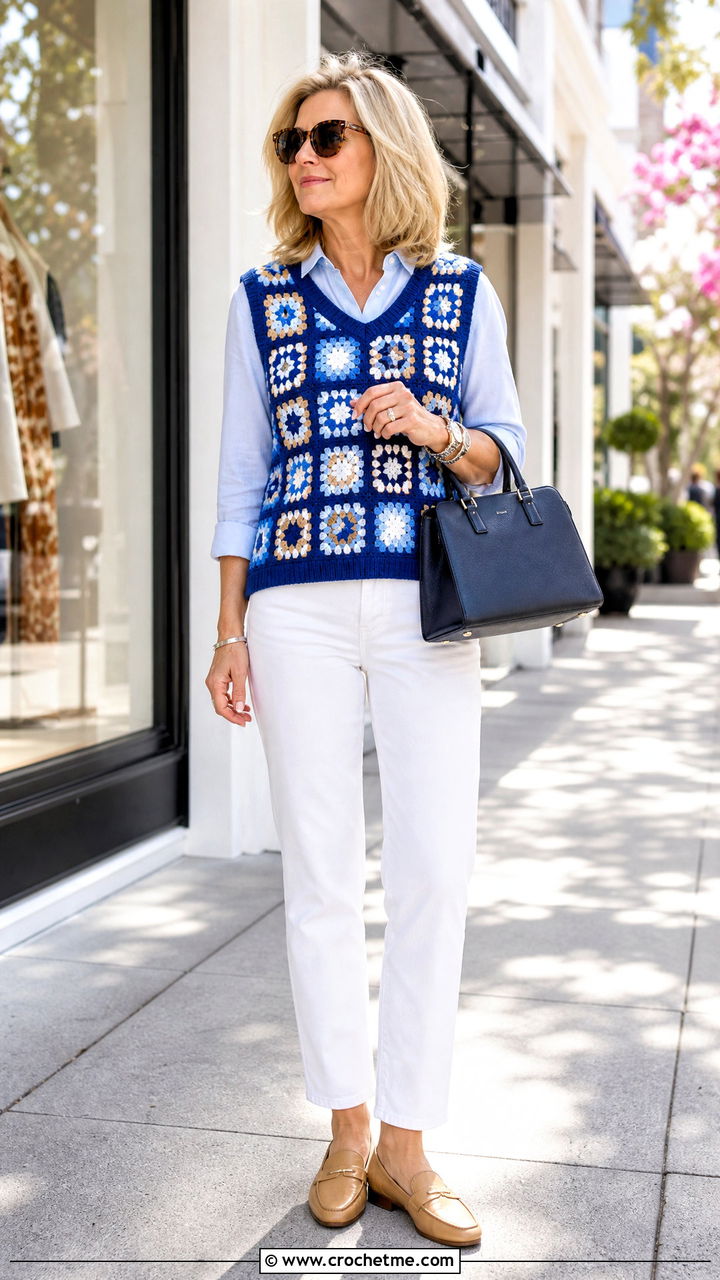 Mosaic Granny Square Sweater Vest With White Jeans - 35 granny square sweater vest outfit ideas