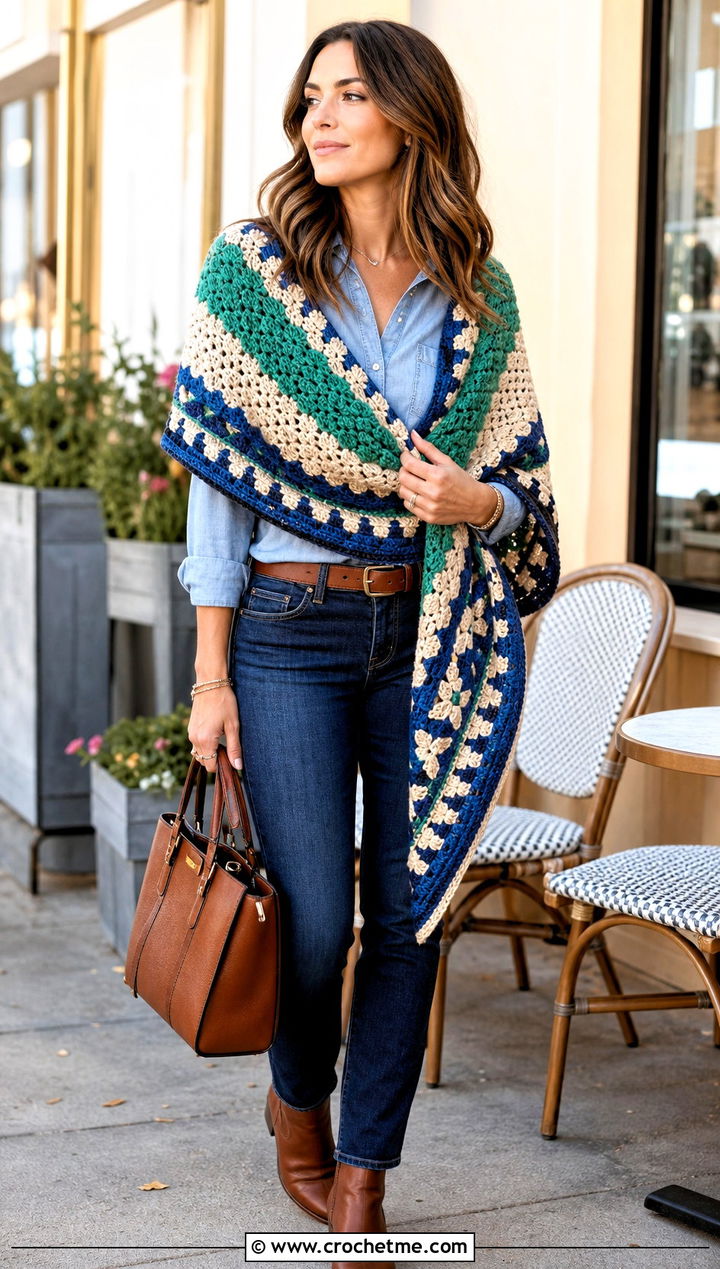 Mosaic Half Moon Crochet Shawl With Double Denim - 25 Half Moon Crochet Shawl outfit ideas