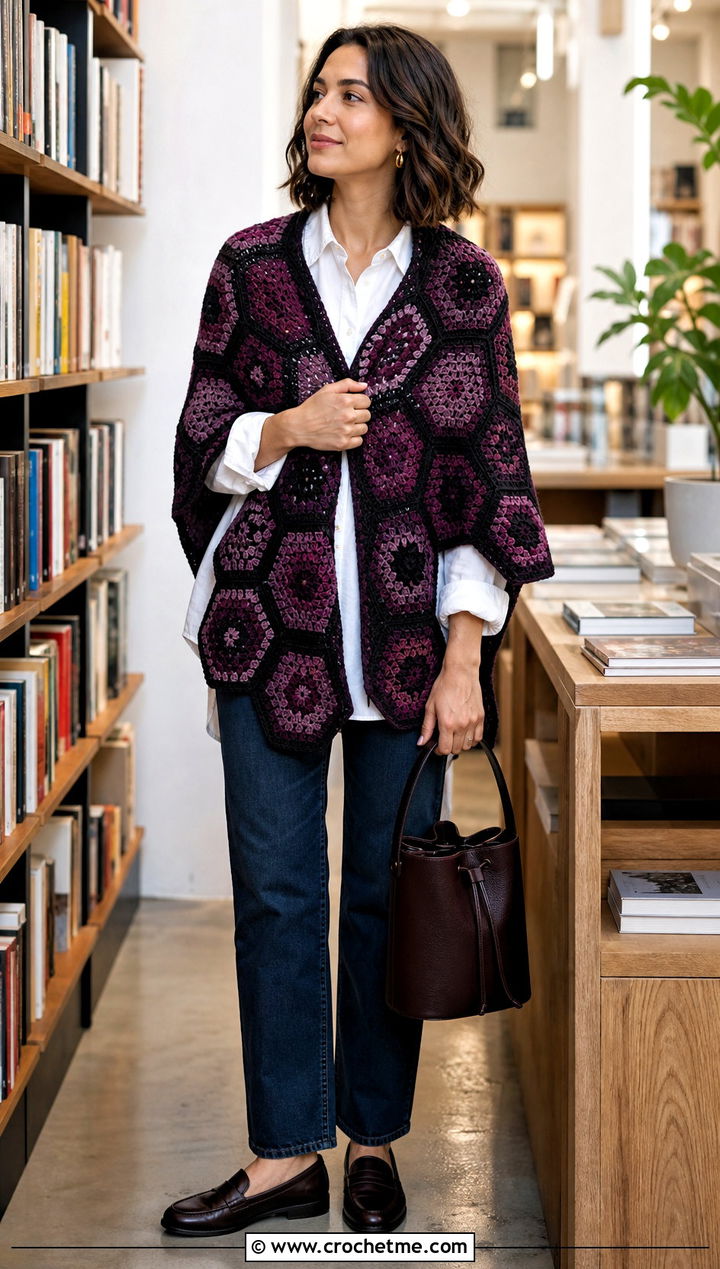 Mosaic Hexagon Shawl With White Shirt - 20 Crochet Hexagon Shawl outfit ideas