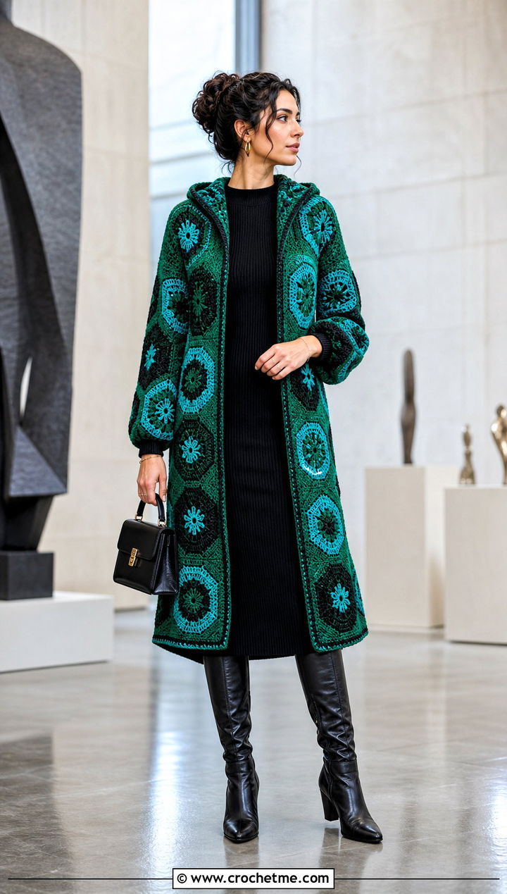 Mosaic Hexi Crochet Hoodie With Black Midi Dress - 20 hexi crochet hoodie outfit ideas