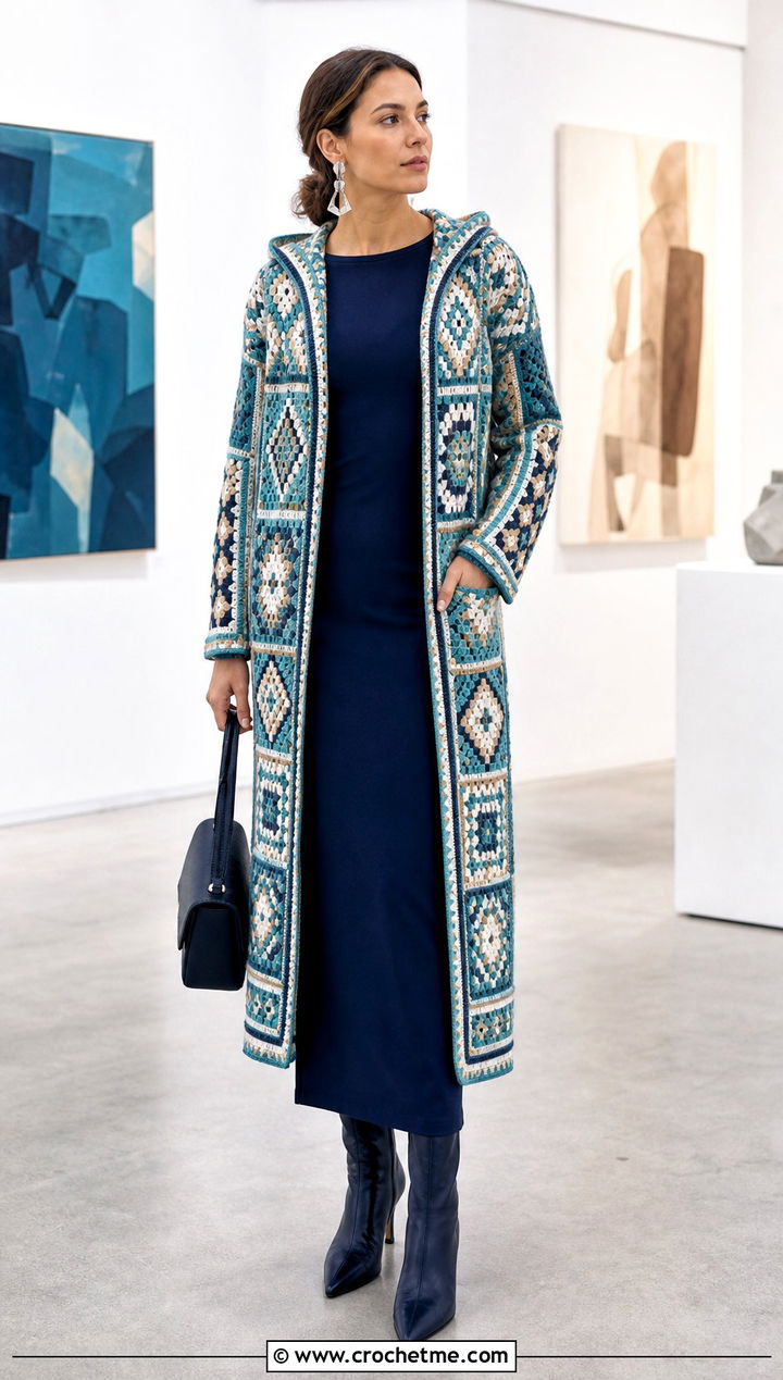Mosaic Hooded Crochet Cardigan With Column Dress - 35 hooded crochet cardigan outfit ideas
