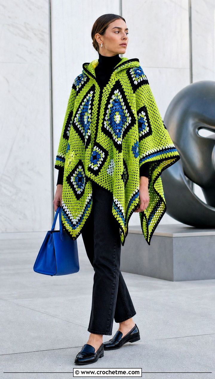 Mosaic Hooded Crochet Ruana With Black Column Outfit - 20 Hooded Crochet Ruana outfit ideas