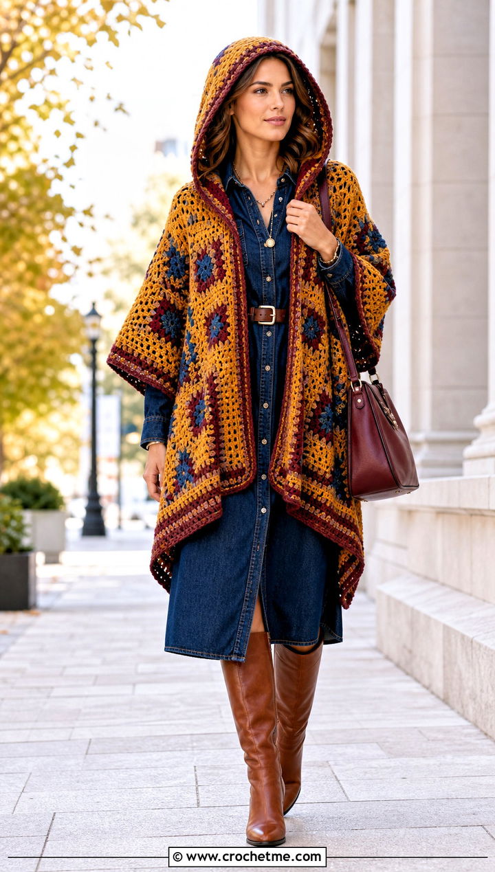 Mosaic Hooded Poncho With Denim Shirt Dress - 35 Crochet Hooded Poncho outfit ideas