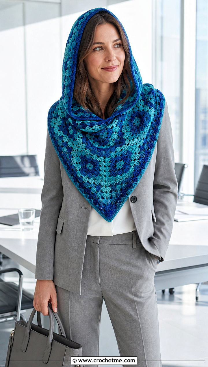 Mosaic Hooded Triangle Crochet Shawl With Monochrome Suit - 25 Hooded Triangle Crochet Shawl outfit ideas