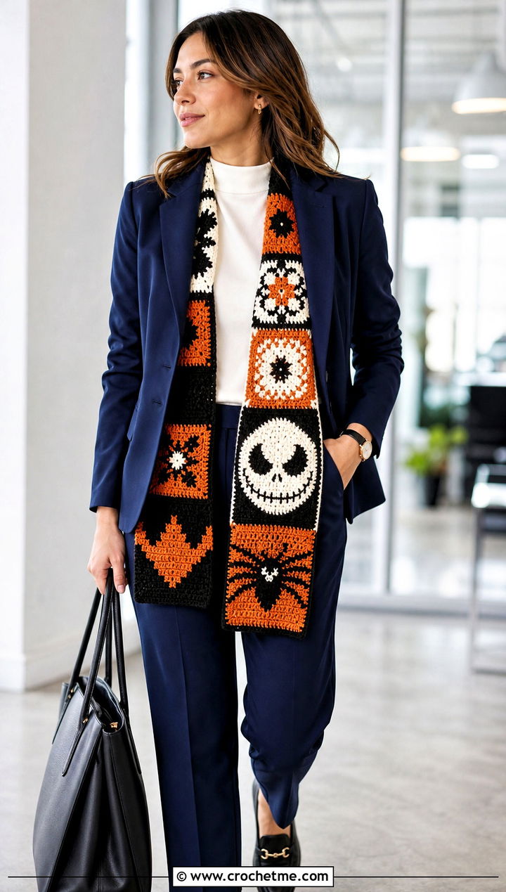 Mosaic Jack Skellington Crochet Scarf With Tailored Suit - 20 Crochet Jack Skellington Scarf outfit ideas