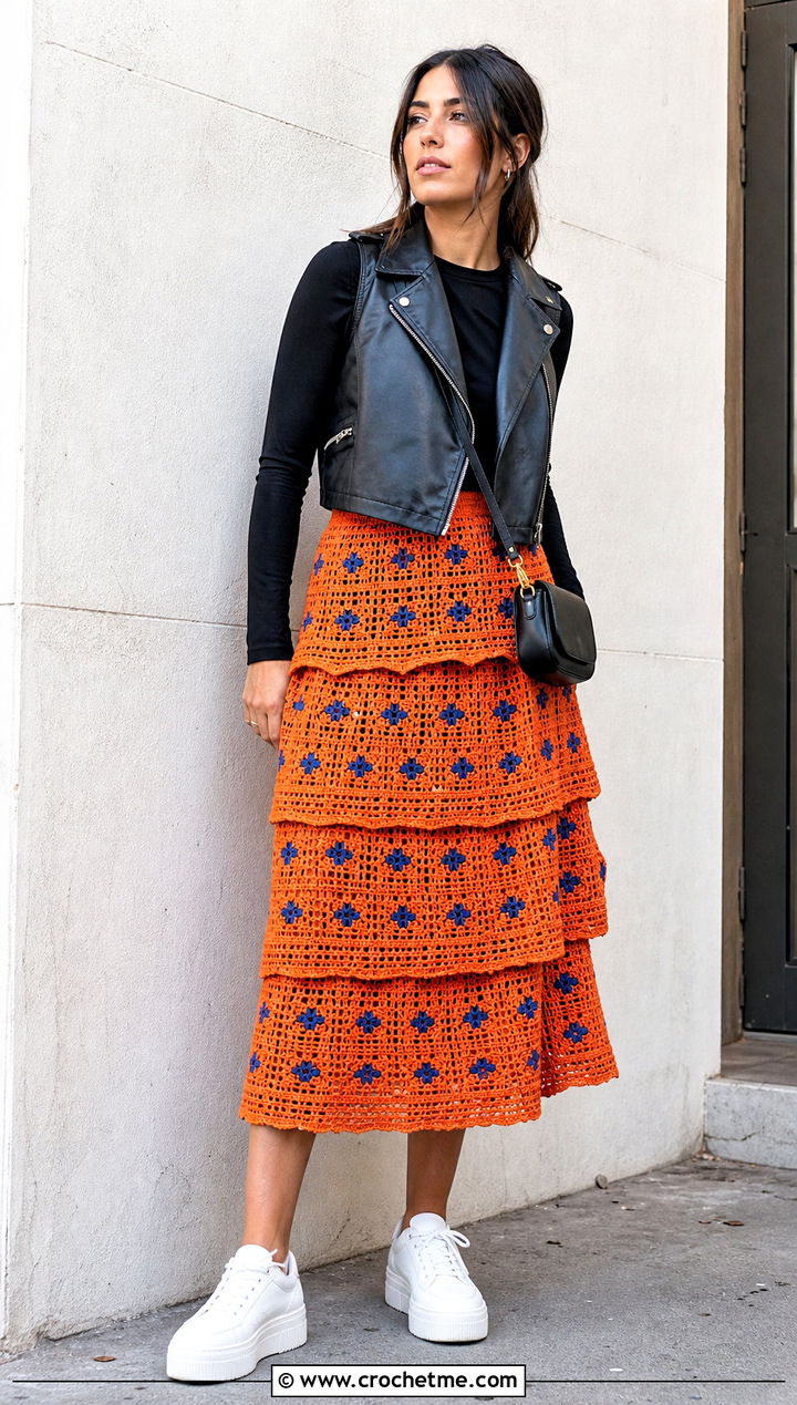 Mosaic Layered Crochet Midi Skirt With Moto Vest And Sneakers - 35 Layered Crochet Skirt outfit ideas