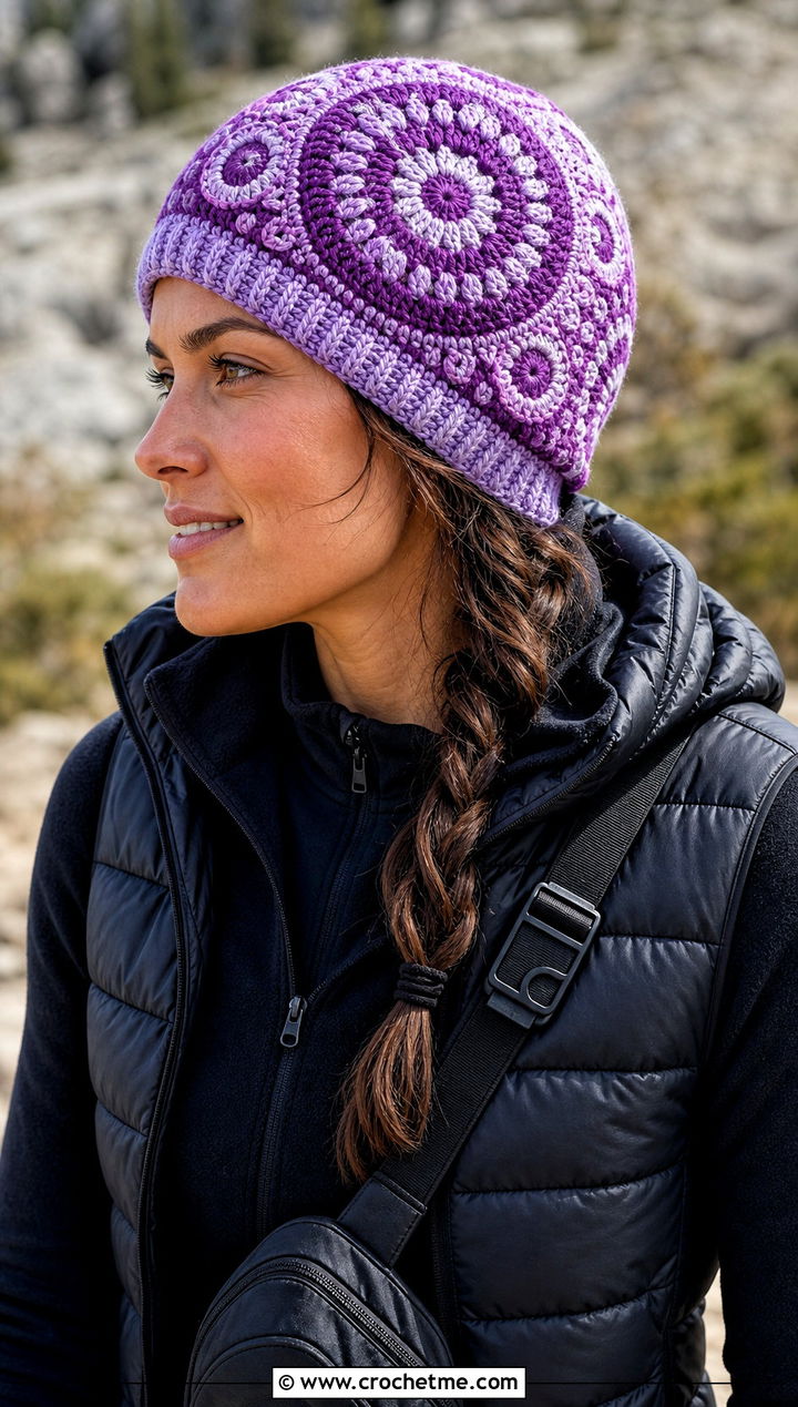 Mosaic Mandala Crochet Beanie With Puffer Vest - 20 Mandala Crochet Beanie outfit ideas