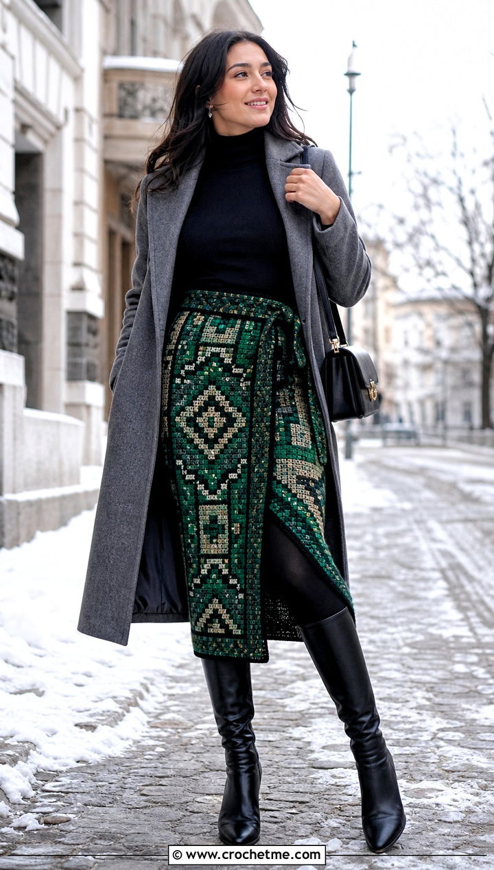 Mosaic Midi Crochet Wrap Around Skirt With Turtleneck - 30 crochet wrap around skirt outfit ideas