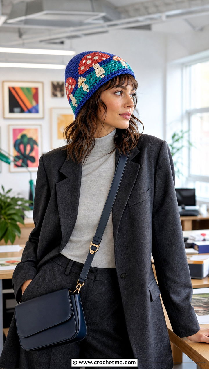 Mosaic Mushroom Beanie With Blazer And Trousers - 20 crochet mushroom beanie outfit ideas