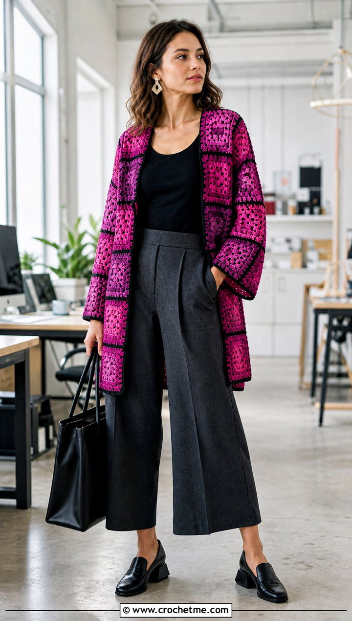 Mosaic One Piece Crochet Cardigan With Wide Leg Culottes - 35 one piece crochet cardigan outfit ideas
