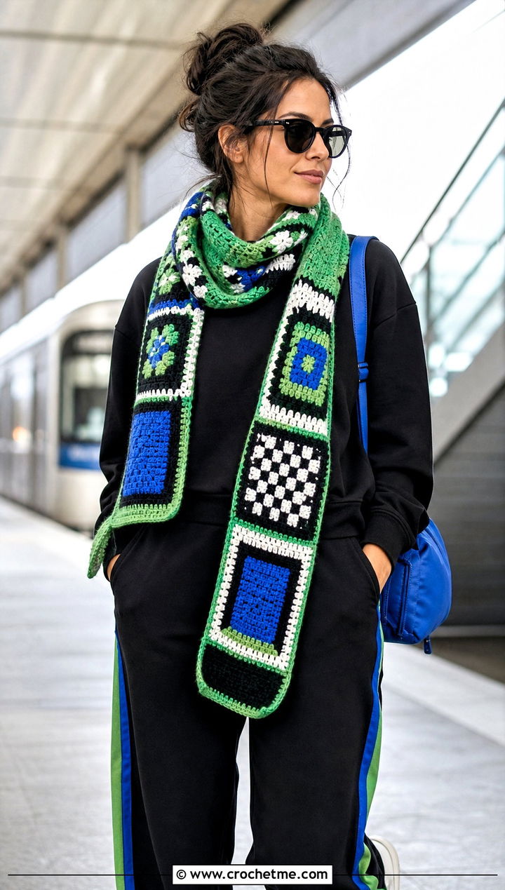 Mosaic Patchwork Crochet Scarf With Sweatshirt and Track Pants - 15 Patchwork Crochet Scarf outfit ideas
