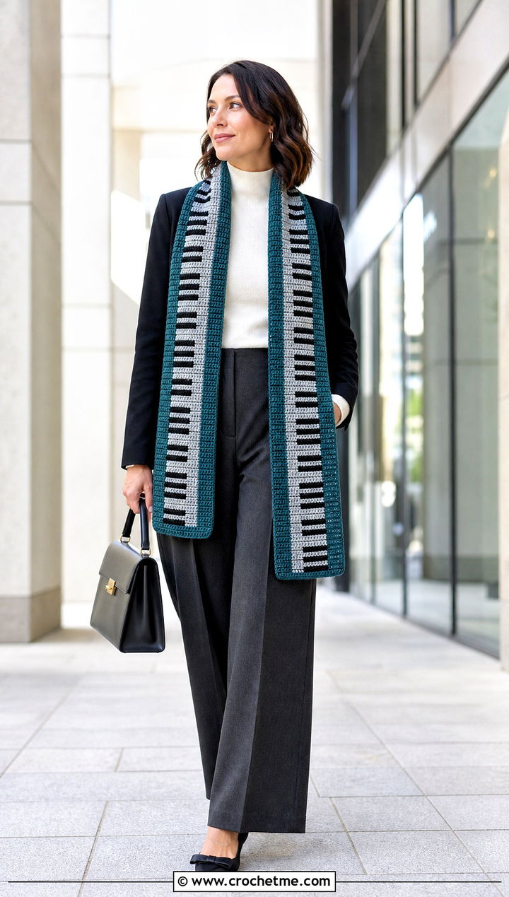 Mosaic Piano Scarf With Tailored Trousers - 35 crochet piano scarf outfit ideas
