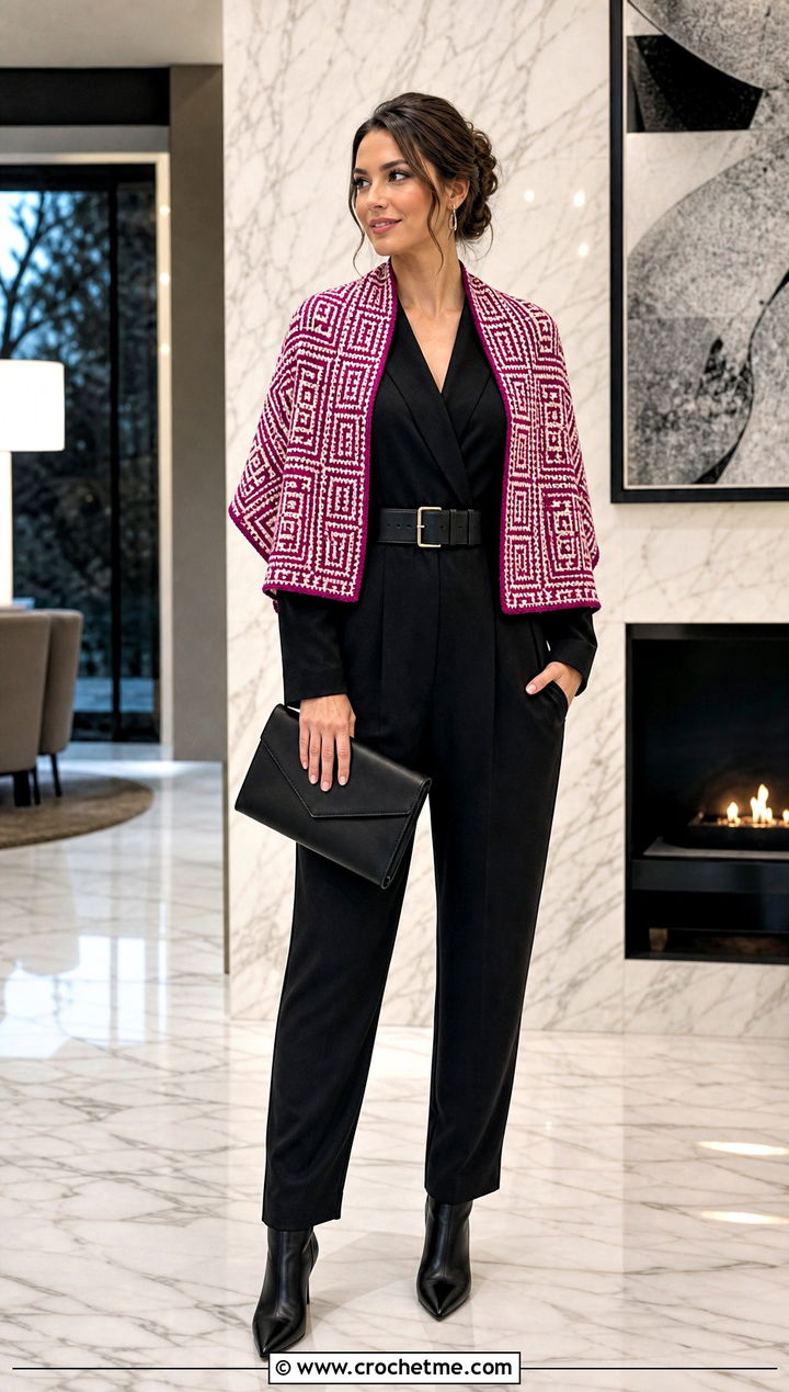 Mosaic Rectangle Crochet Shawl With Black Jumpsuit - 25 Easy Rectangle Crochet Shawl outfit ideas