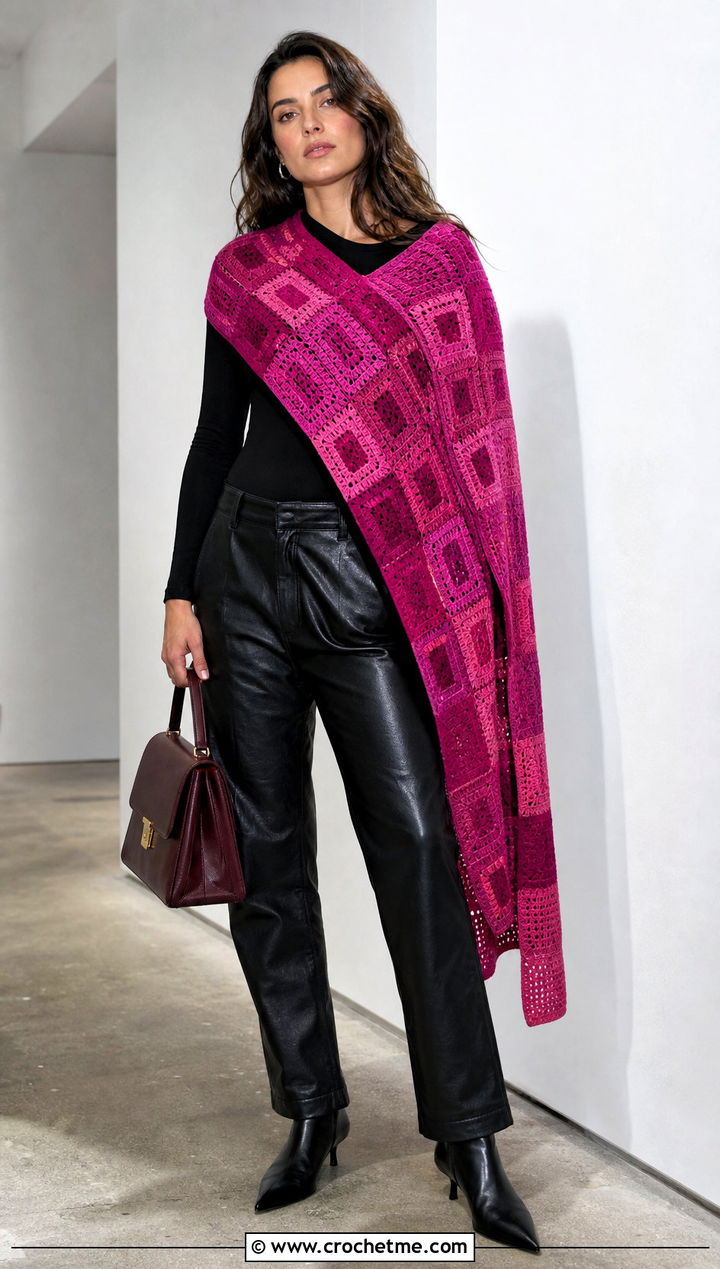 Mosaic Rectangle Crochet Wrap With Leather Pants - 20 Rectangle Crochet Wrap outfit ideas