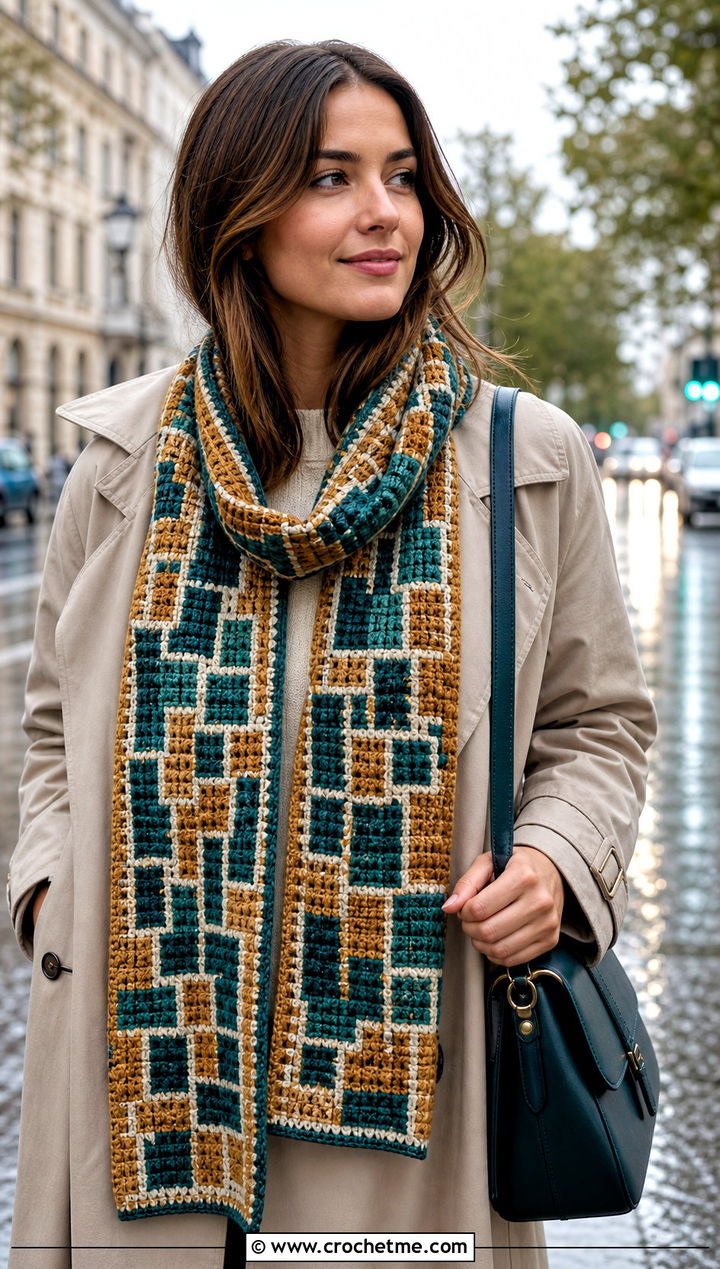 Mosaic Rectangular Crochet Shawl With Trench Coat - 30 rectangular crochet shawls outfit ideas