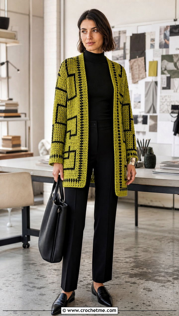 Mosaic Side To Side Crochet Cardigan With Black Tailored Pants - 25 Side To Side Crochet Cardigan outfit ideas